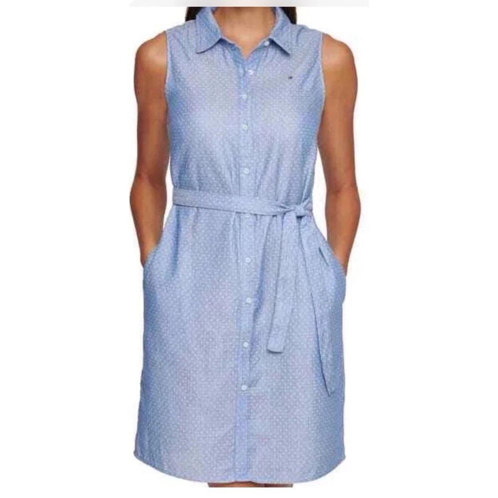 Tommy Hilfiger 10 Polka Dot Belted Shirt Dress Sleeveless Light Blue White Prep
